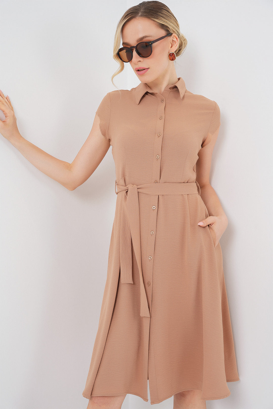 BGD Women Buttoned Belted Dress - Biscuit - Torrevieja
