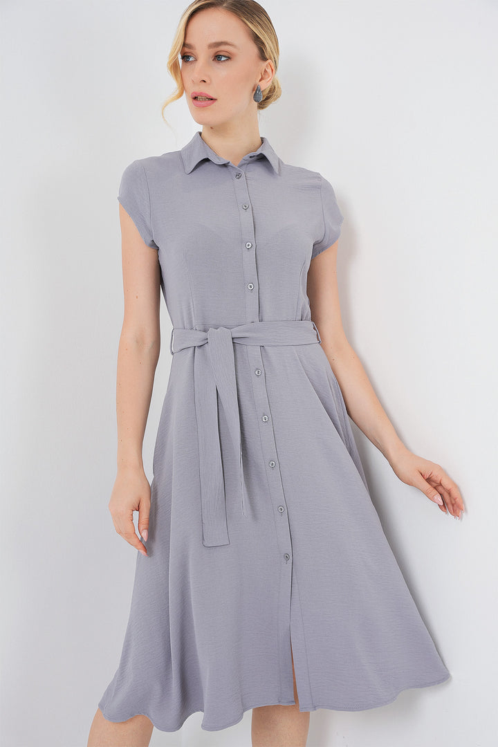 BGD Women Buttoned Belted Dress - Gray - Filderstadt