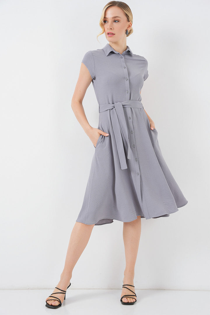 BGD Women Buttoned Belted Dress - Gray - Filderstadt