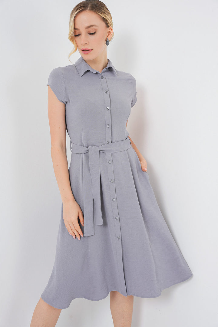 BGD Women Buttoned Belted Dress - Gray - Filderstadt
