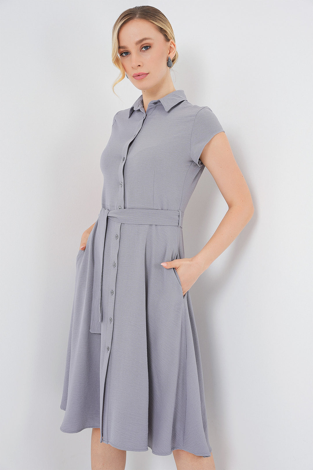 BGD Women Buttoned Belted Dress - Gray - Filderstadt