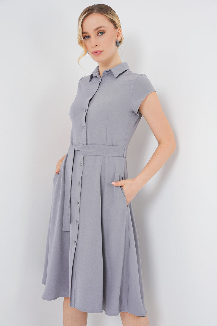 BGD Women Buttoned Belted Dress - Gray - Filderstadt