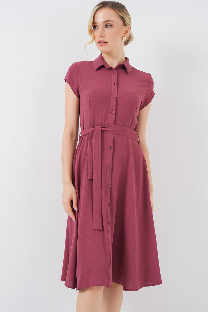 BGD Women Buttoned Belted Dress - Rose Pink - Harlow