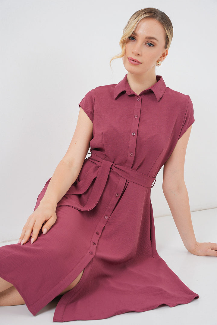 BGD Women Buttoned Belted Dress - Rose Pink - Harlow