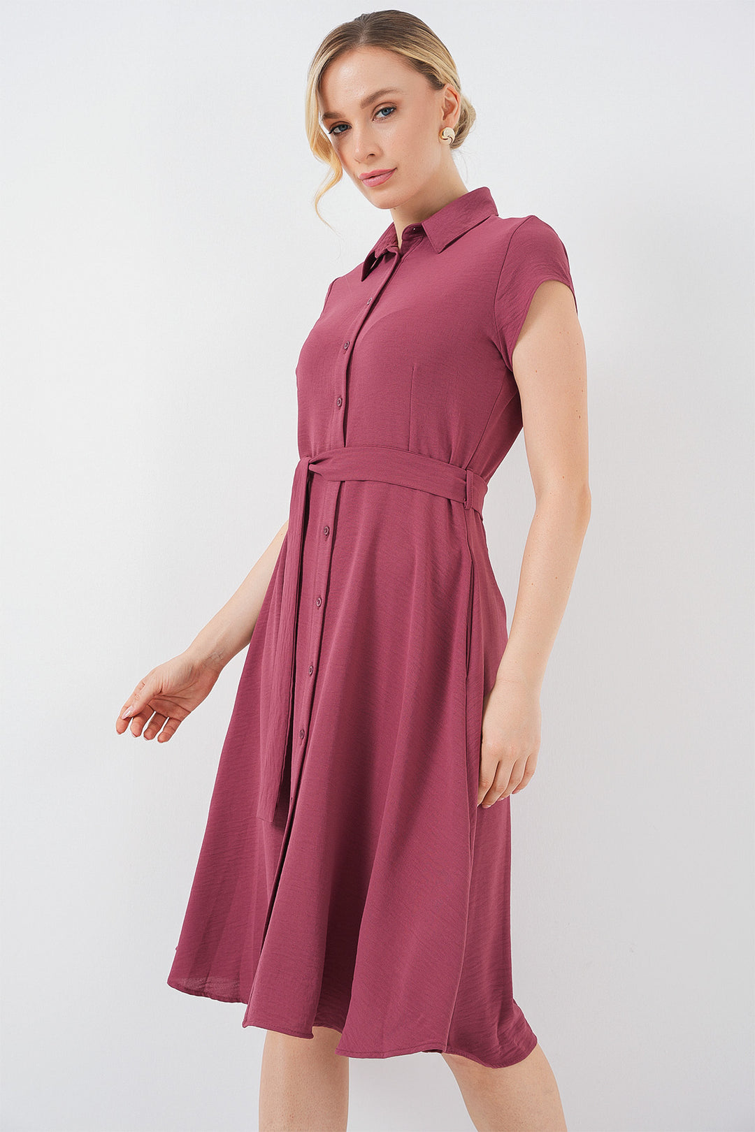 BGD Women Buttoned Belted Dress - Rose Pink - Harlow