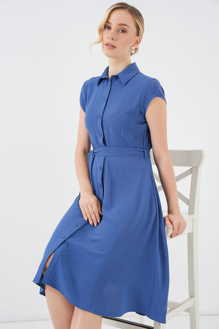 BGD Women Buttoned Belted Dress - Indigo - Bridlington