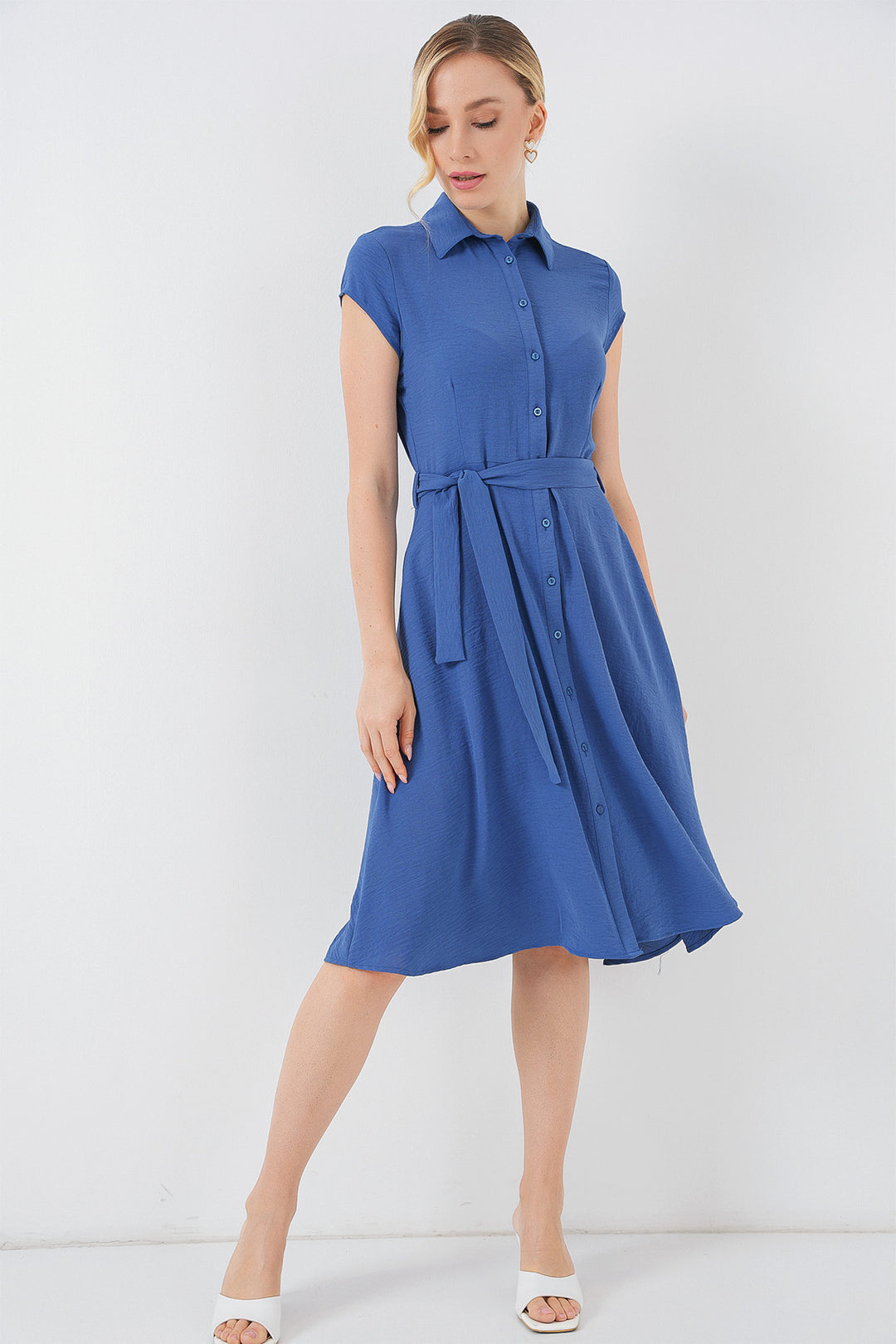 BGD Women Buttoned Belted Dress - Indigo - Bridlington