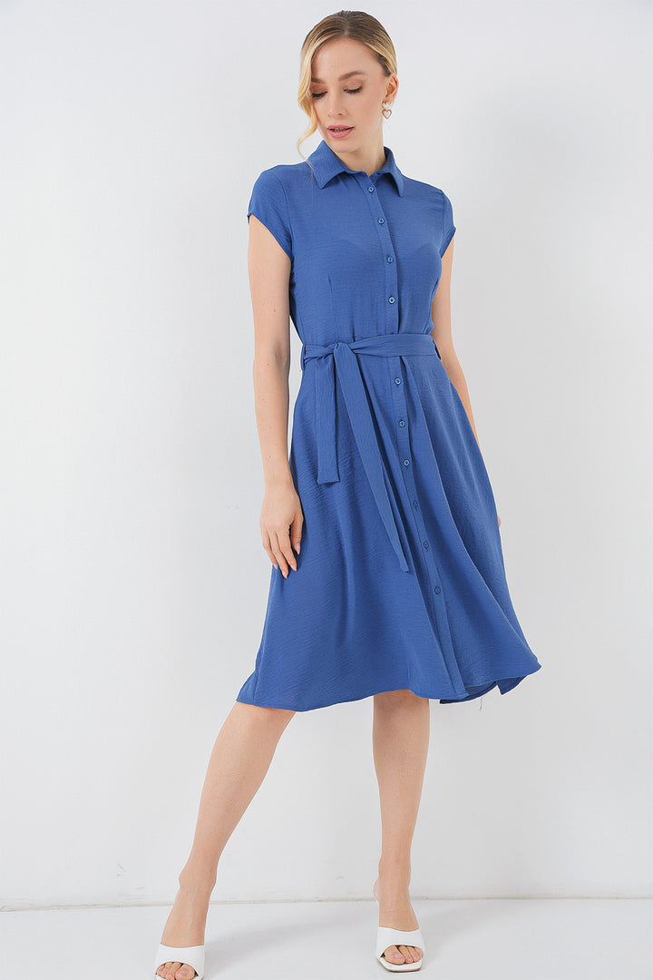 BGD Women Buttoned Belted Dress - Indigo - Bridlington