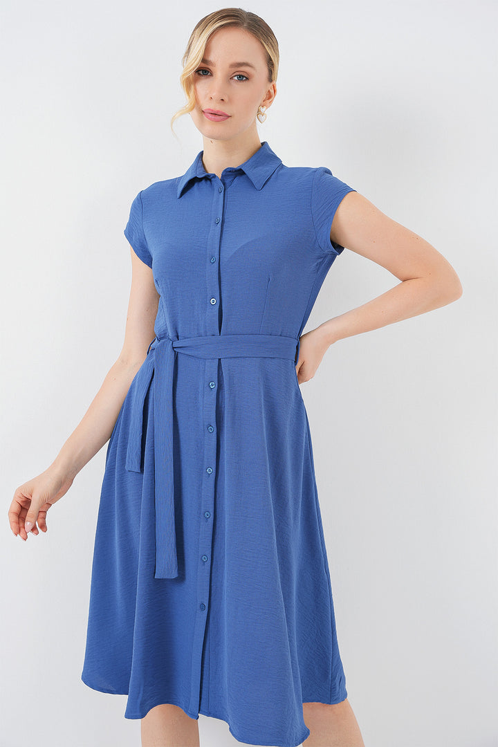 BGD Women Buttoned Belted Dress - Indigo - Bridlington