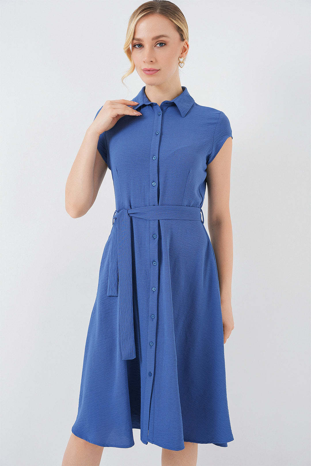 BGD Women Buttoned Belted Dress - Indigo - Bridlington