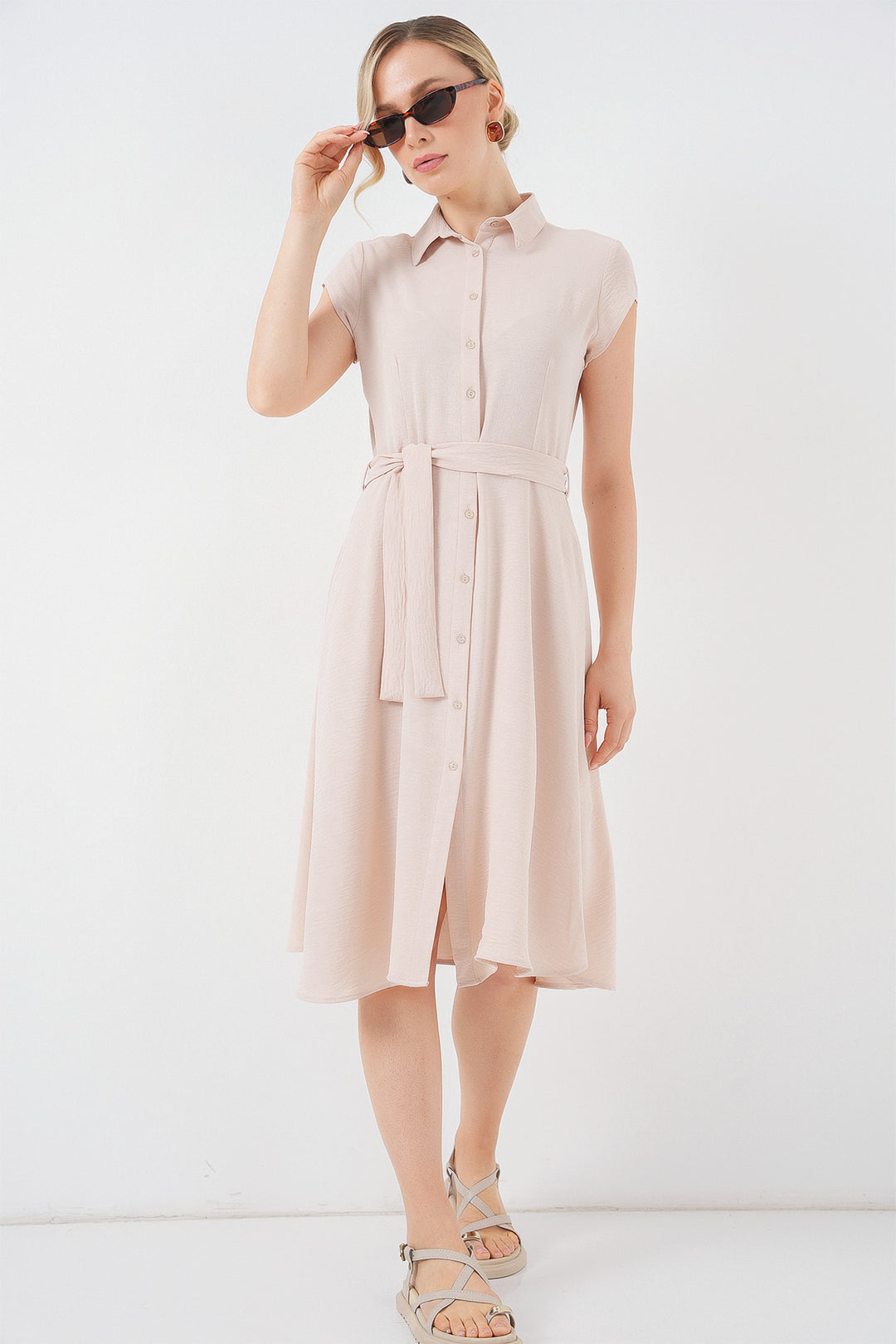 BGD Women Buttoned Belted Dress - Cream - La Seyne-sur-Mer