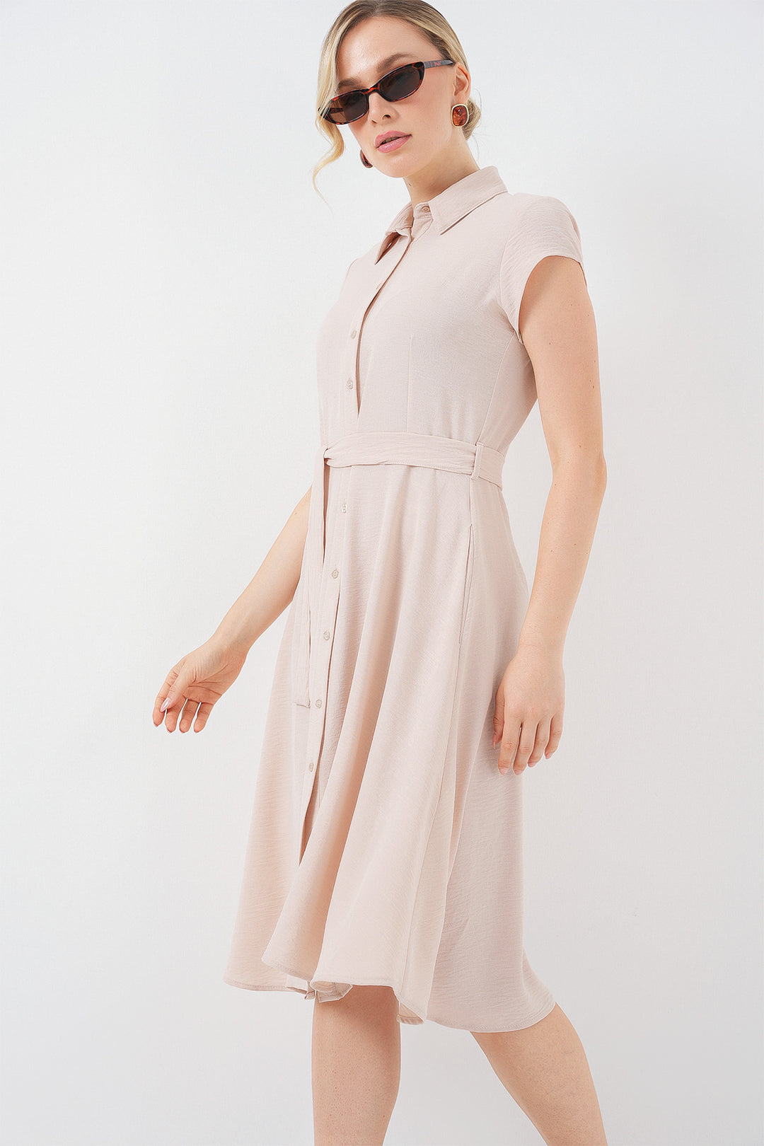 BGD Women Buttoned Belted Dress - Cream - La Seyne-sur-Mer