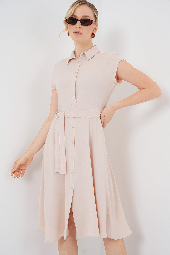 BGD Women Buttoned Belted Dress - Cream - La Seyne-sur-Mer