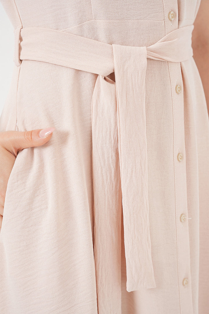 BGD Women Buttoned Belted Dress - Cream - La Seyne-sur-Mer