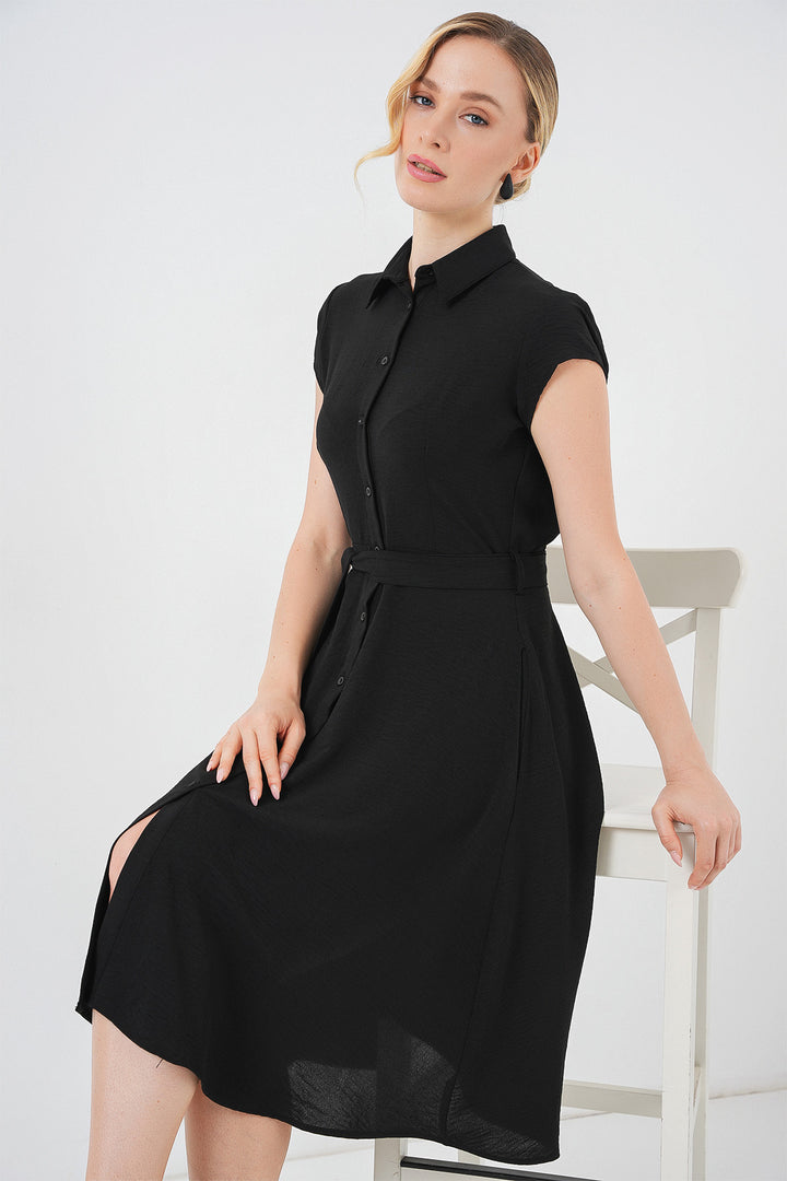 BGD Women Buttoned Belted Dress - Black - Šiauliai