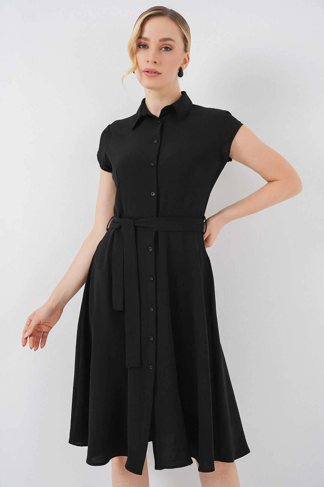 BGD Women Buttoned Belted Dress - Black - Šiauliai