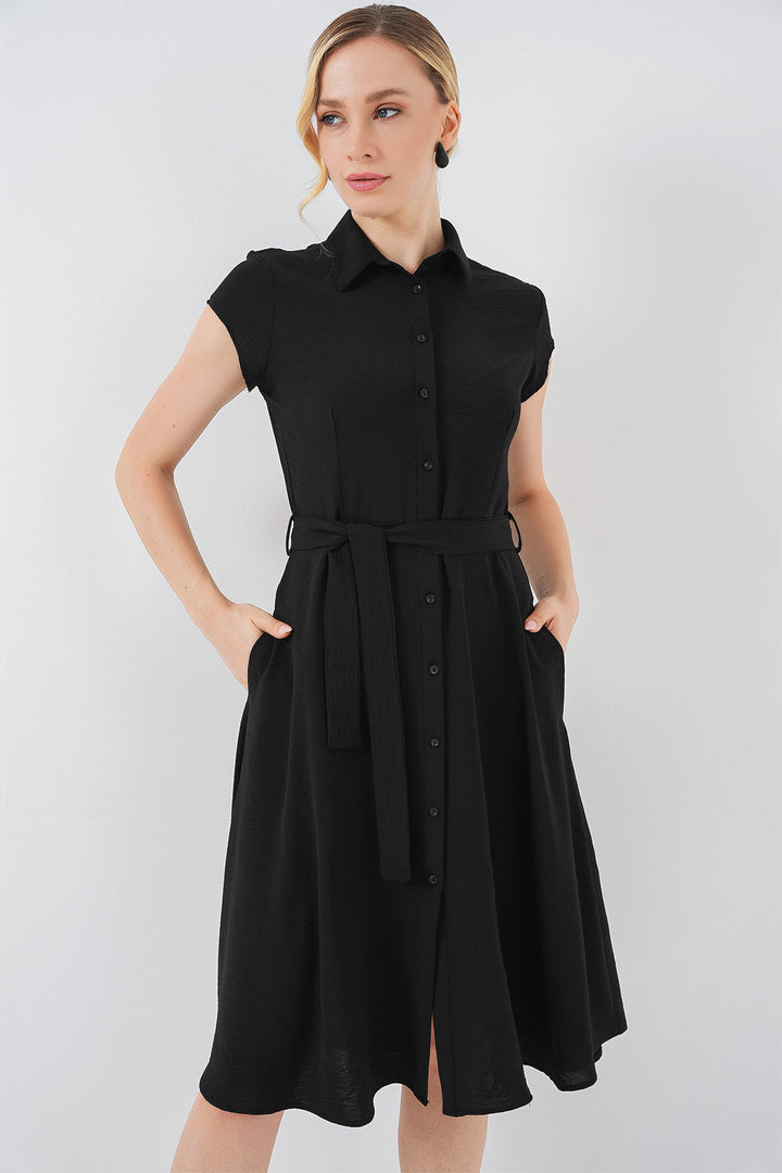 BGD Women Buttoned Belted Dress - Black - Šiauliai