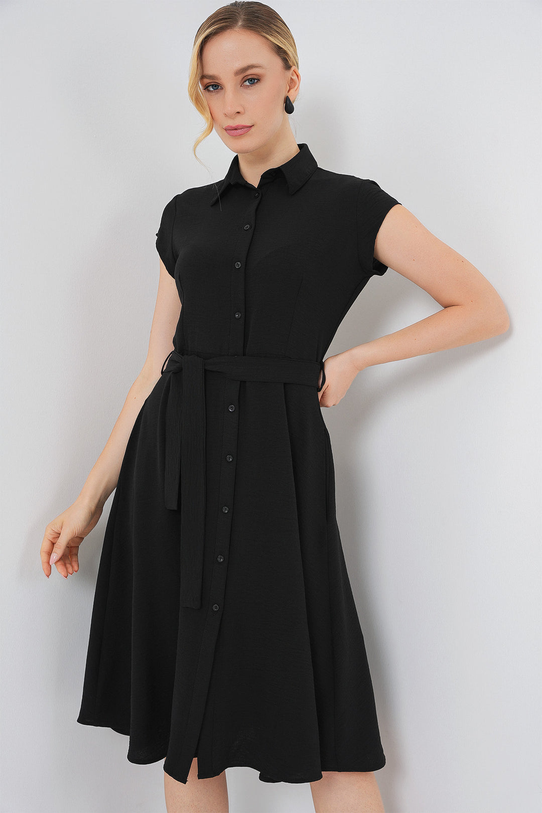 BGD Women Buttoned Belted Dress - Black - Šiauliai