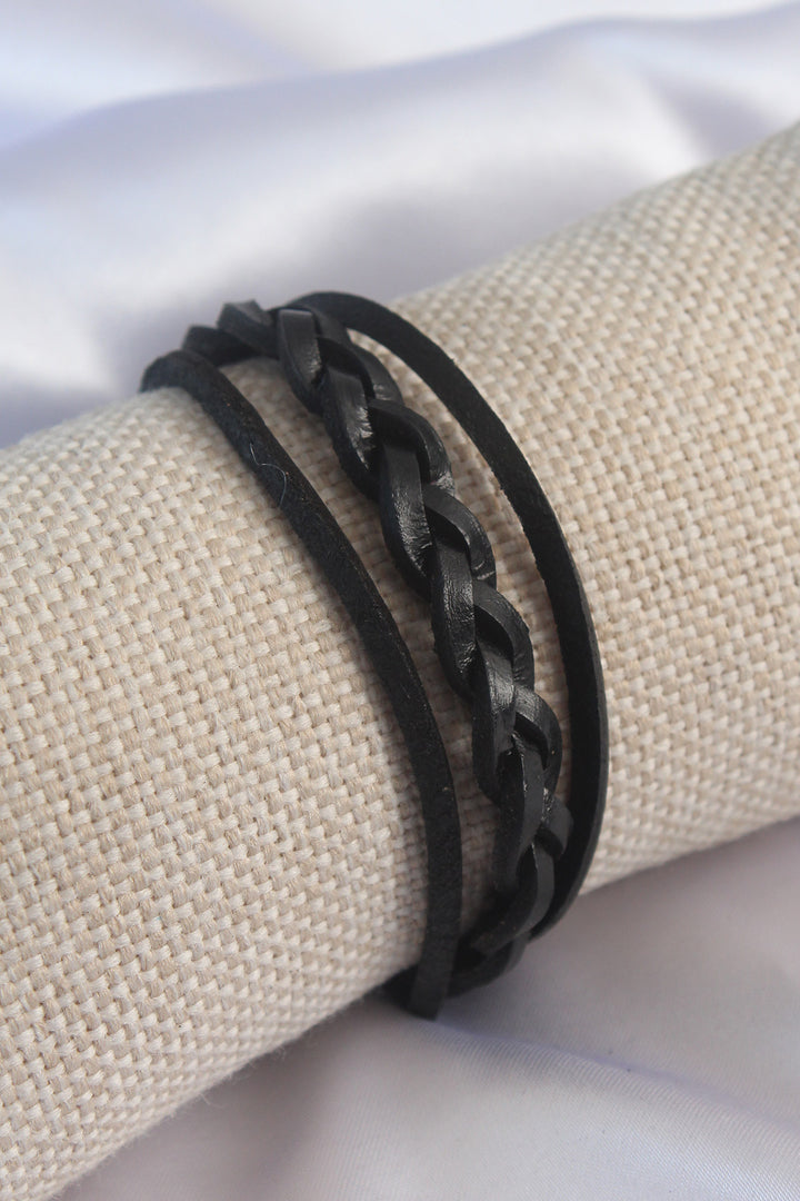 EBJ Black Knitted Pattern Leather Men's Bracelet - Bisceglie