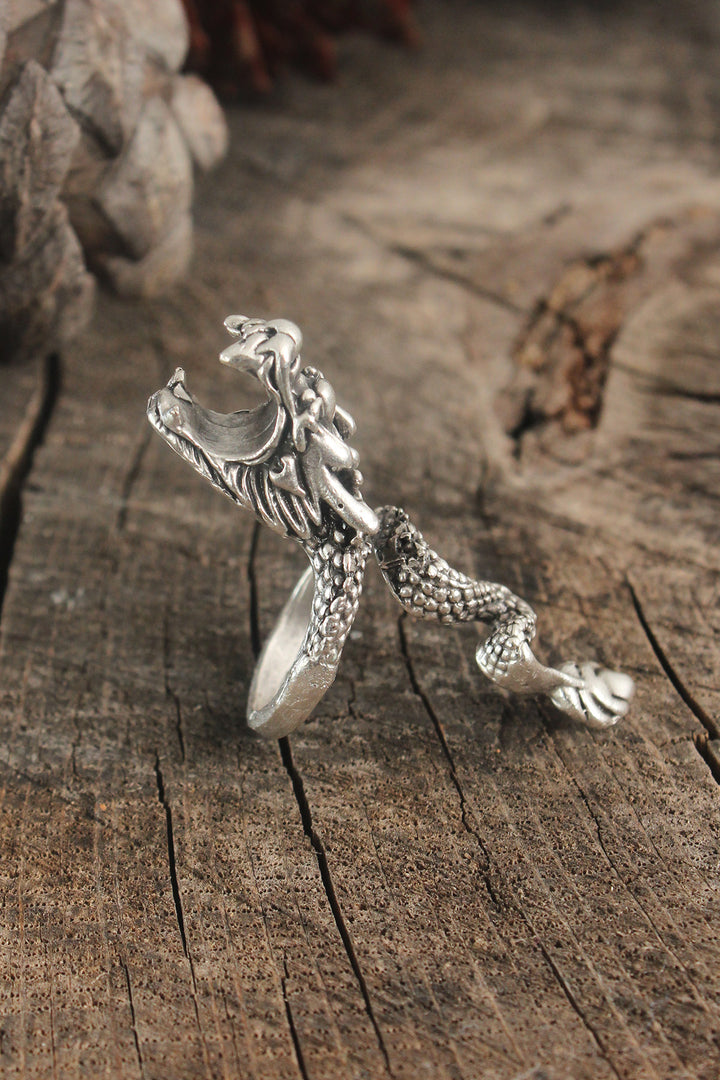 EBJ Antique Silver Color Dragon Model Adjustable Men's Ring - Villanueva y Geltrú