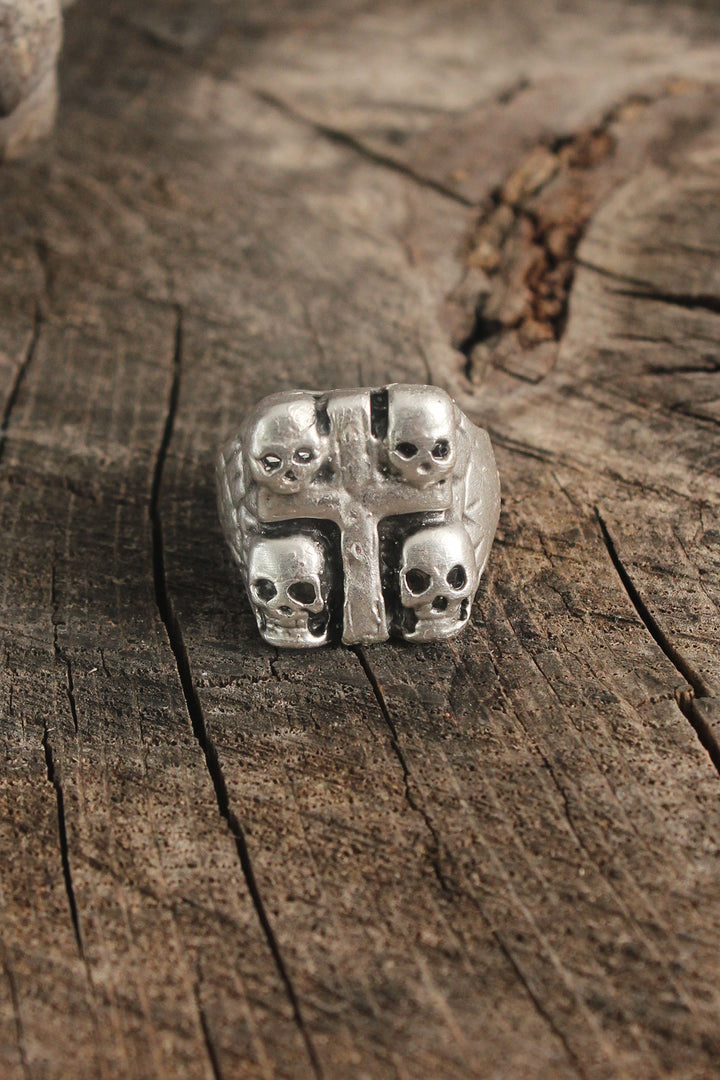 EBJ Antique Silver Color Cross Skull Embossed Adjustable Men's Ring - Oakville