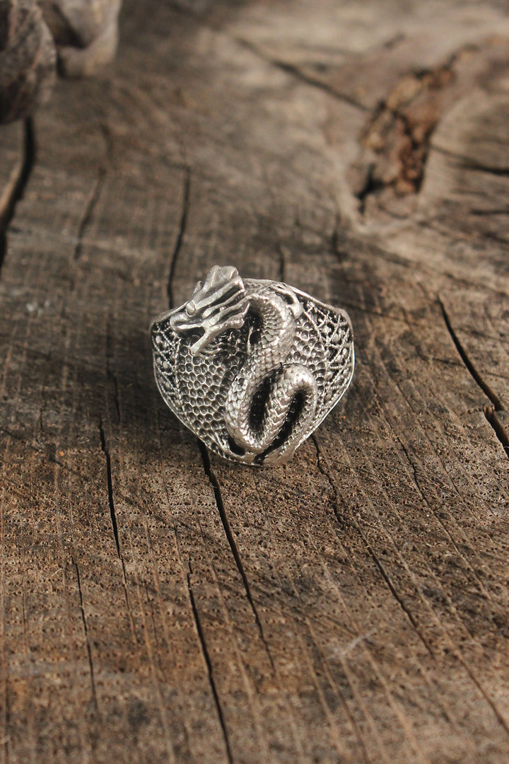 EBJ Antique Silver Color Dragon Motif Adjustable Men's Ring - York