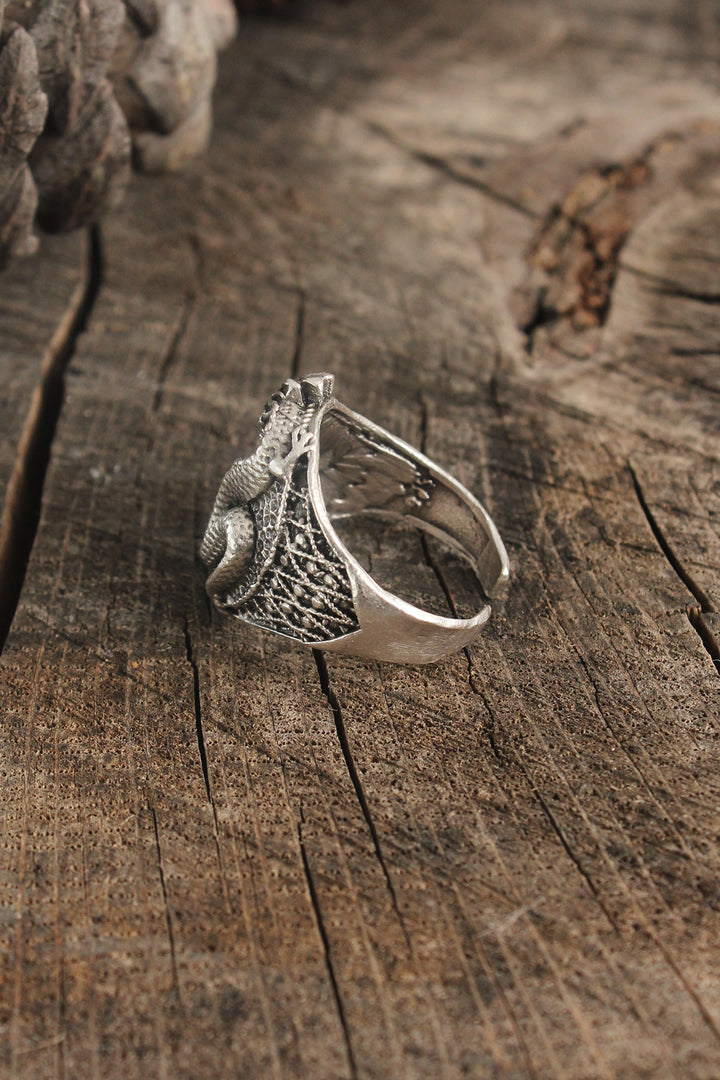 EBJ Antique Silver Color Dragon Motif Adjustable Men's Ring - York