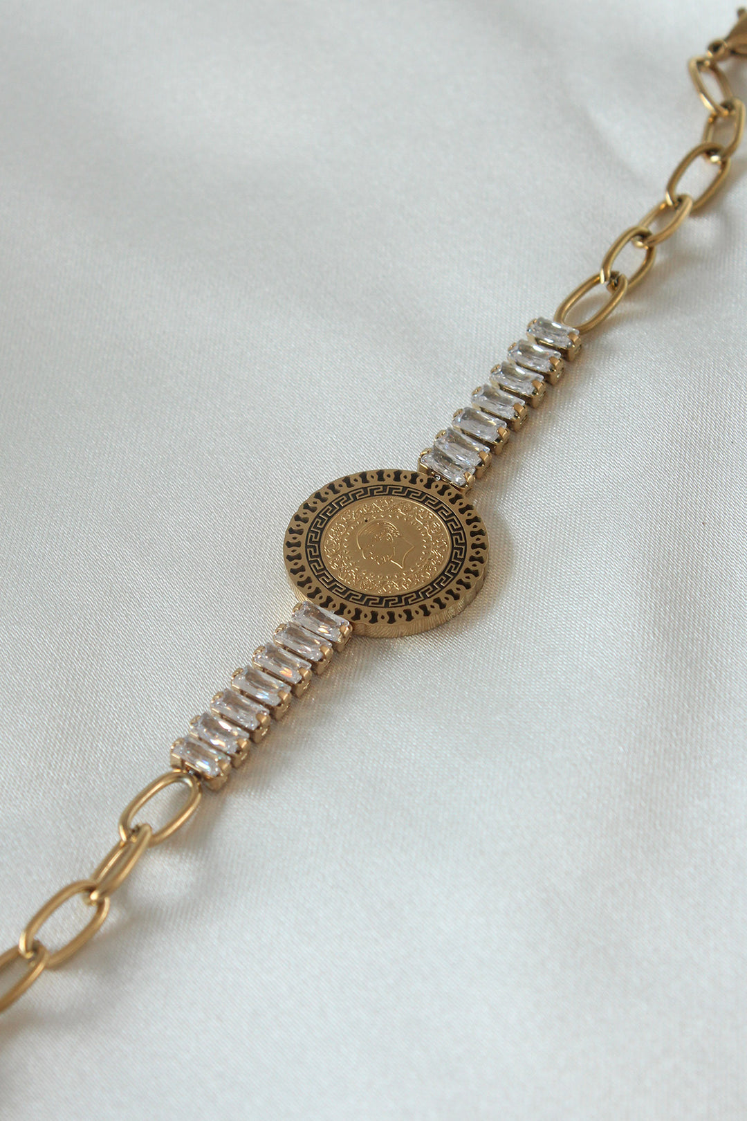 EBJ 316L Steel Gold Color Full Gold Patterned Zircon Stone Women's Bracelet - Coral Springs