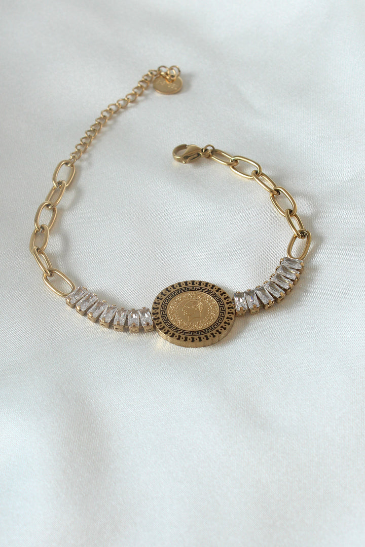 EBJ 316L Steel Gold Color Full Gold Patterned Zircon Stone Women's Bracelet - Coral Springs