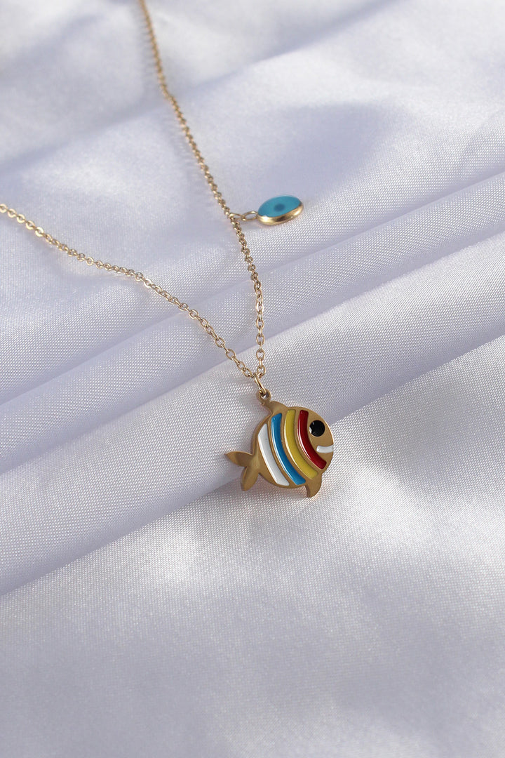 EBJ 316L Steel Gold Color Mixed Color Fish Figure Evil Eye Bead Detail Women's Necklace - Macerata