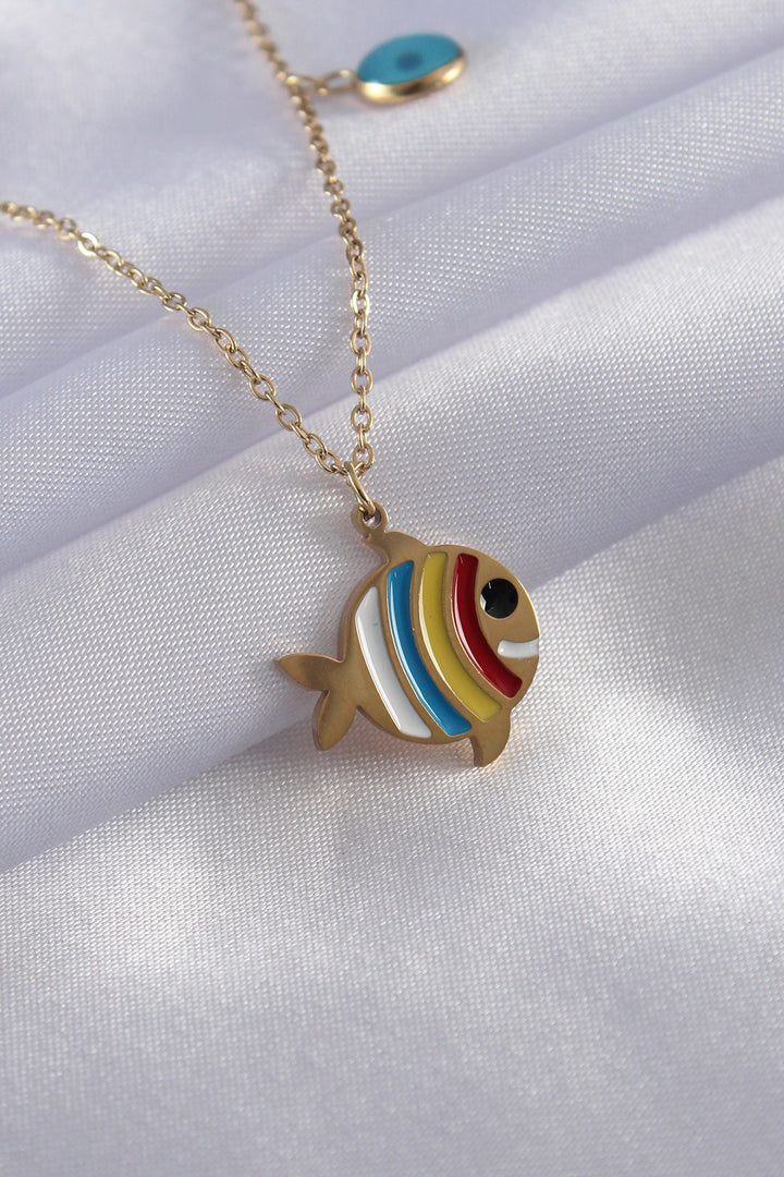 EBJ 316L Steel Gold Color Mixed Color Fish Figure Evil Eye Bead Detail Women's Necklace - Macerata