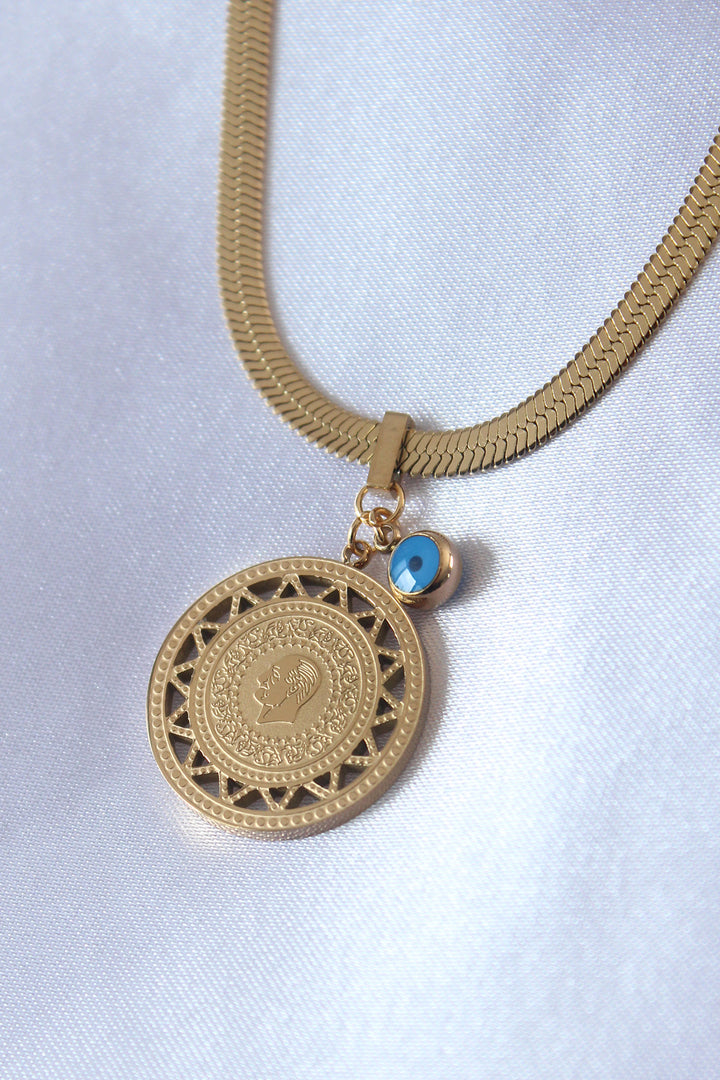 EBJ 316L Steel Gold Color Italian Chain Model Atatürk Embroidery Evil Eye Detail Women's Necklace - Meadow Woods