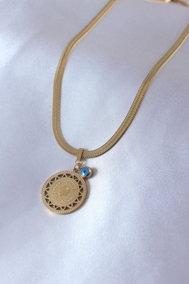EBJ 316L Steel Gold Color Italian Chain Model Atatürk Embroidery Evil Eye Detail Women's Necklace - Meadow Woods