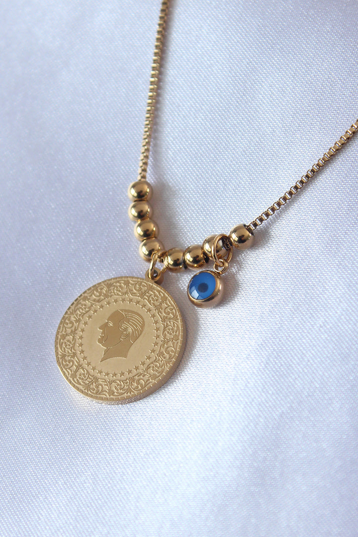 EBJ 316L Steel Gold Color Atatürk Processing Evil Eye Detail Women's Necklace - Columbia