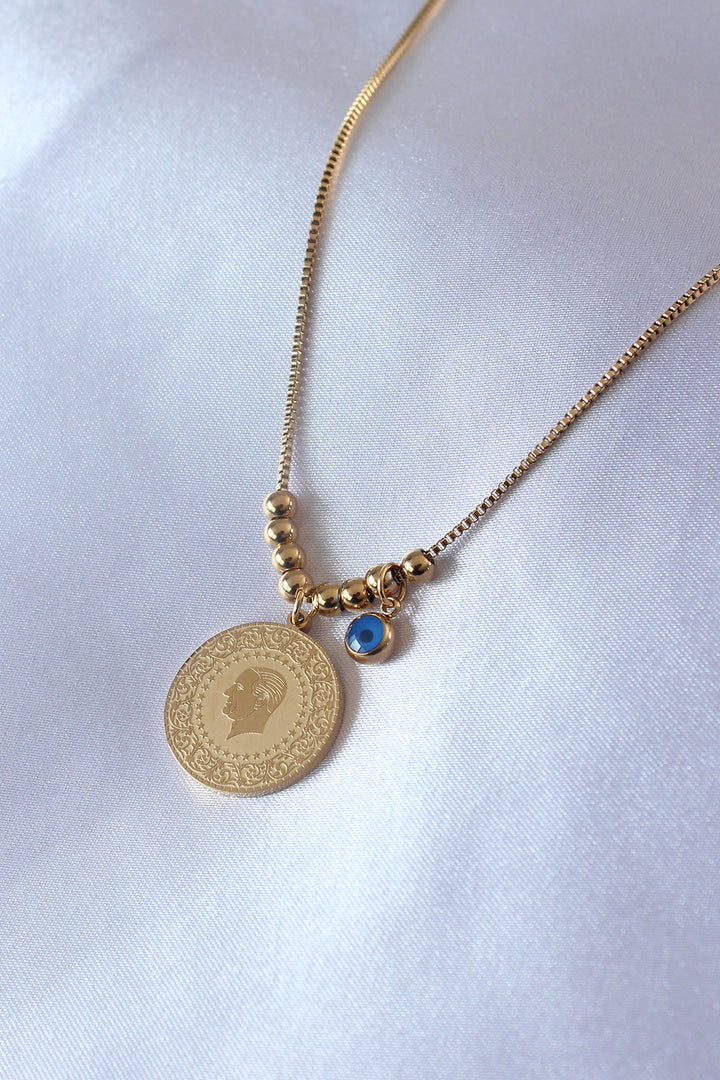 EBJ 316L Steel Gold Color Atatürk Processing Evil Eye Detail Women's Necklace - Columbia
