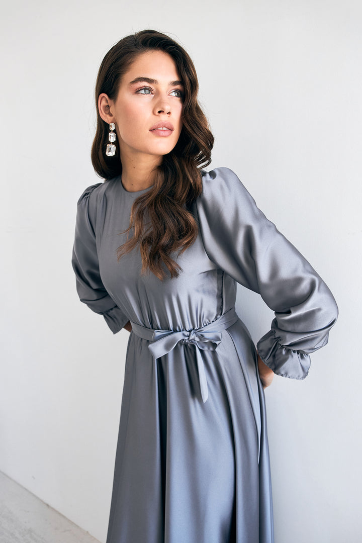 ZRF Women Liza Belted Satin Dress - Grey - Livorno
