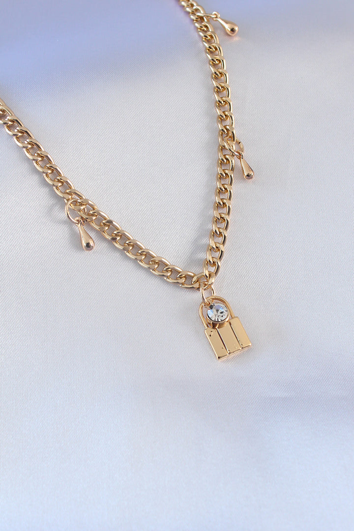 EBJ Gold Color Lock Figure Chain Model Zircon Stone Detail Women's Necklace - Fair Oaks