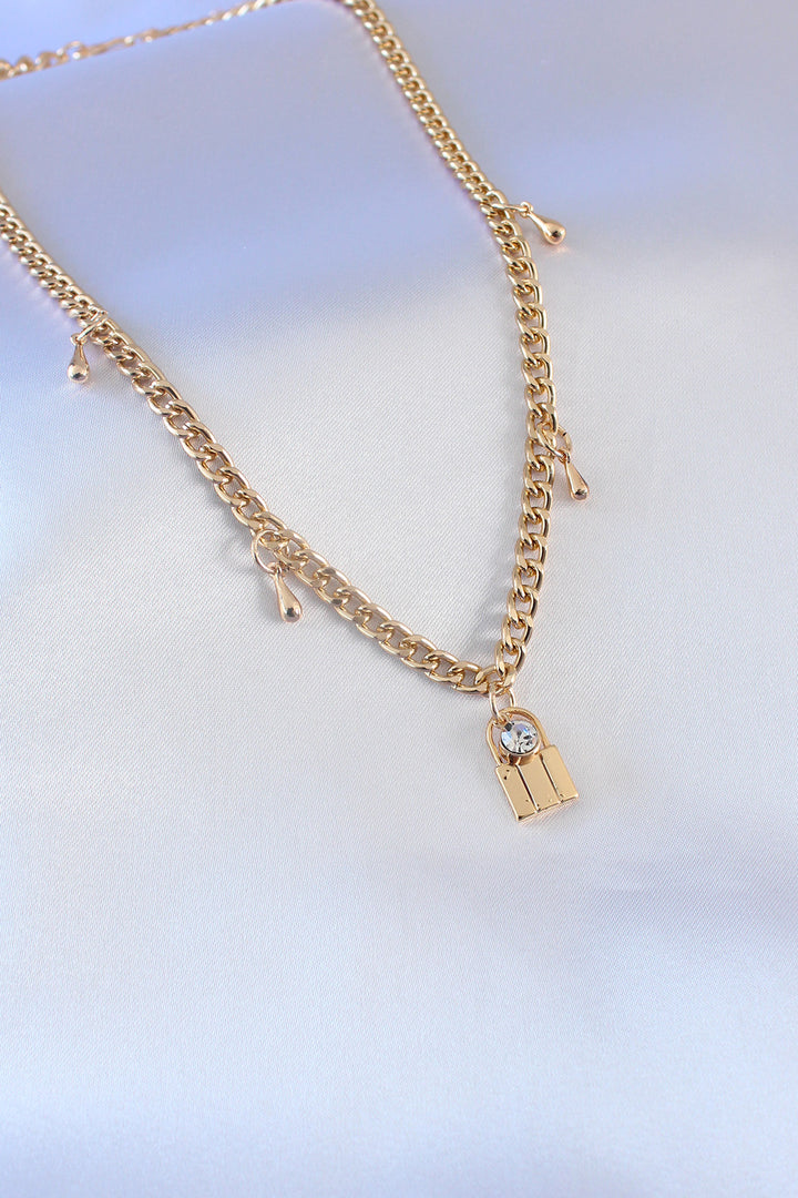 EBJ Gold Color Lock Figure Chain Model Zircon Stone Detail Women's Necklace - Fair Oaks