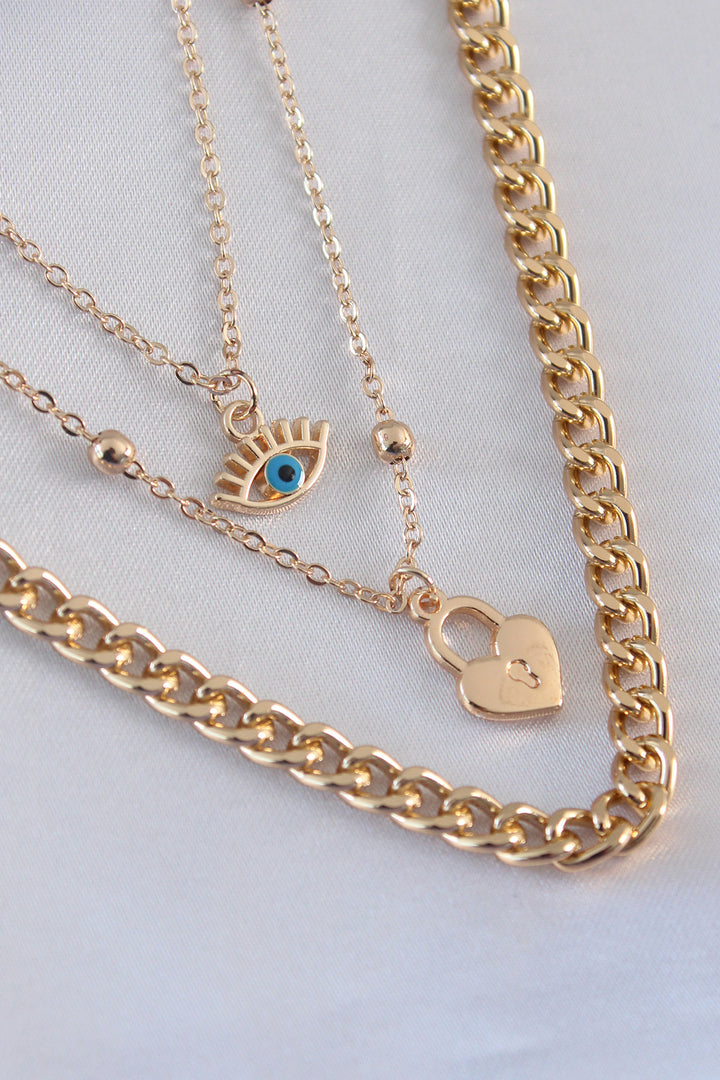 EBJ Gold Color 3-Piece Chain Model Lock Heart Figure Eye Detail Women's Necklace - Beckenham