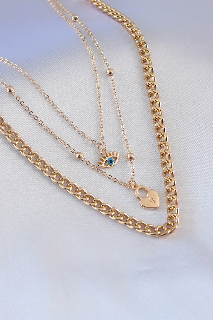 EBJ Gold Color 3-Piece Chain Model Lock Heart Figure Eye Detail Women's Necklace - Beckenham