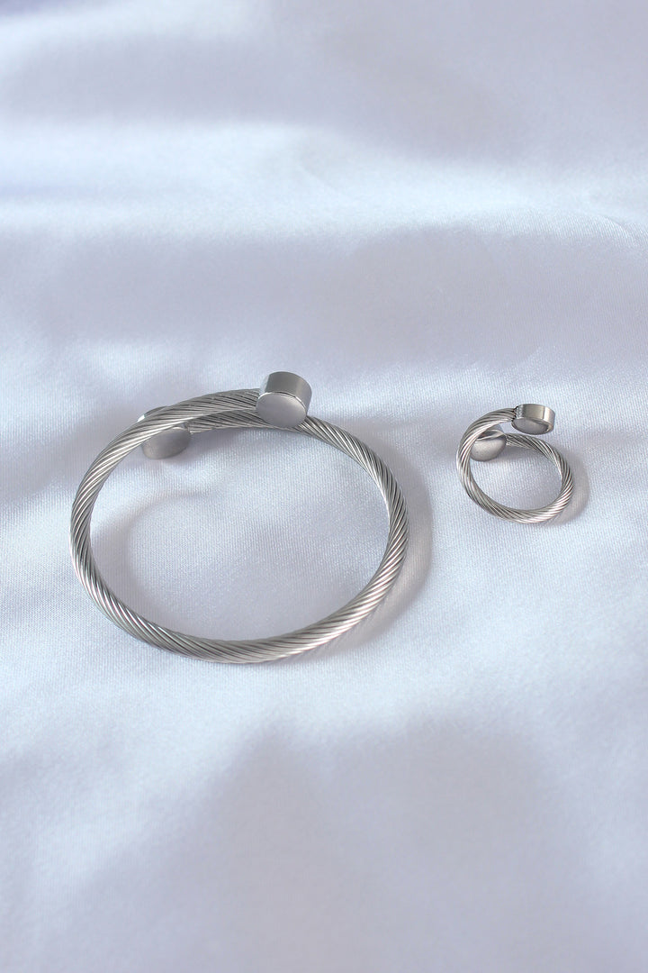 EBJ Steel Silver Color Tight Spiral Pattern Men's Bracelet Ring Set - Petrel