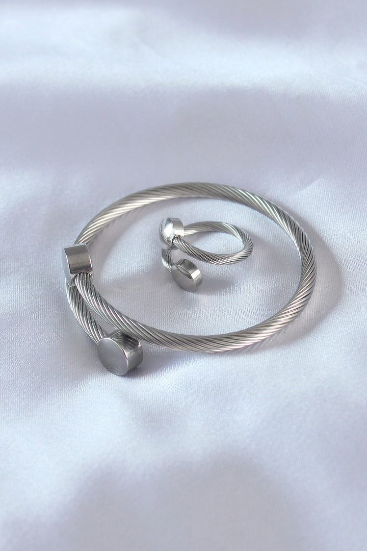 EBJ Steel Silver Color Tight Spiral Pattern Men's Bracelet Ring Set - Petrel