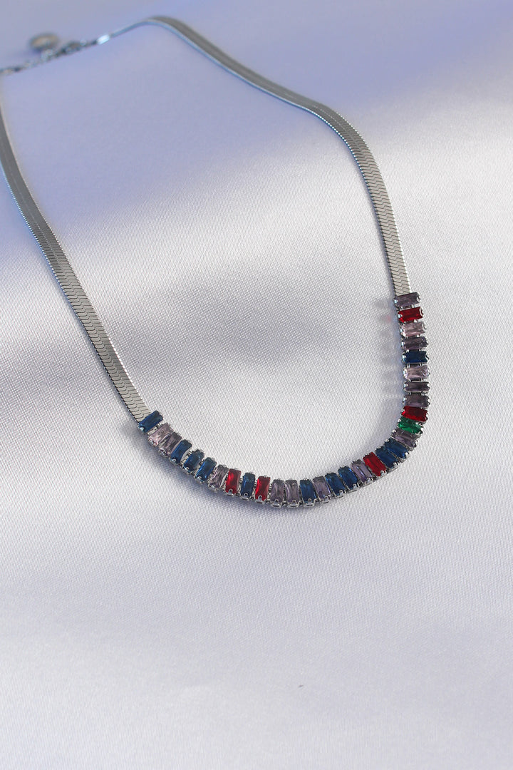 EBJ 316L Stainless Steel Silver Color Italian Chain Model Colorful Zircon Stone Women's Necklace - Rouen