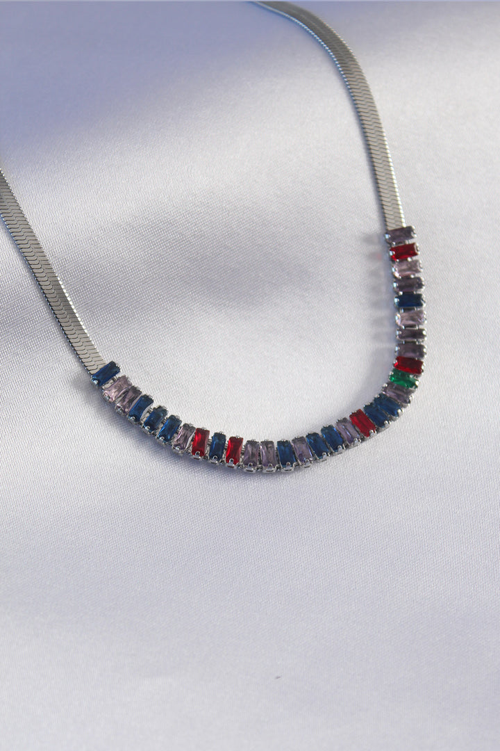 EBJ 316L Stainless Steel Silver Color Italian Chain Model Colorful Zircon Stone Women's Necklace - Rouen