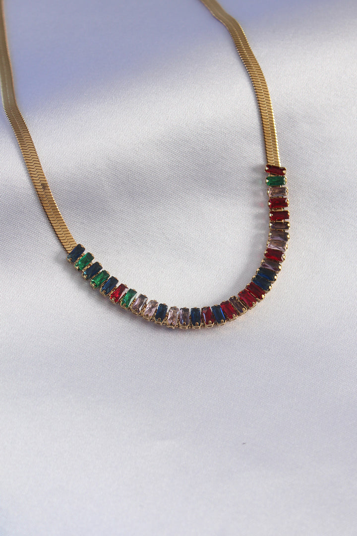 EBJ 316L Steel Gold Color Italian Chain Model Colorful Zircon Stone Women's Necklace - Drancy