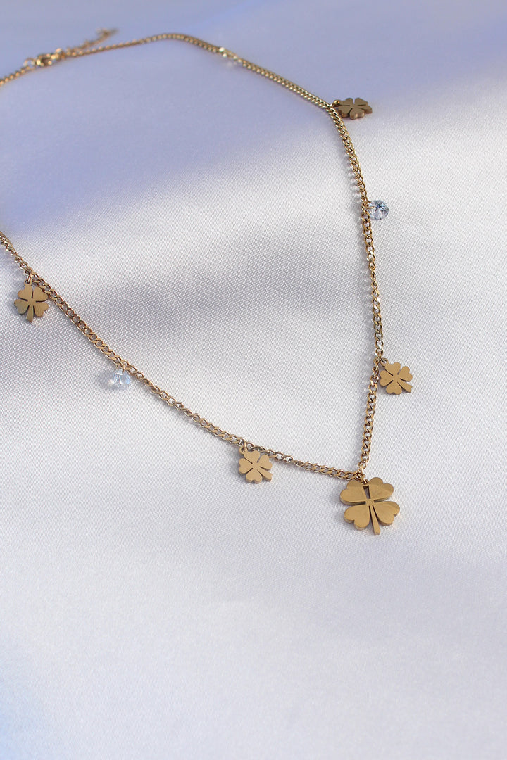 EBJ 316L Steel Gold Color Clover Model Zircon Stone Detail Women's Necklace - Modena