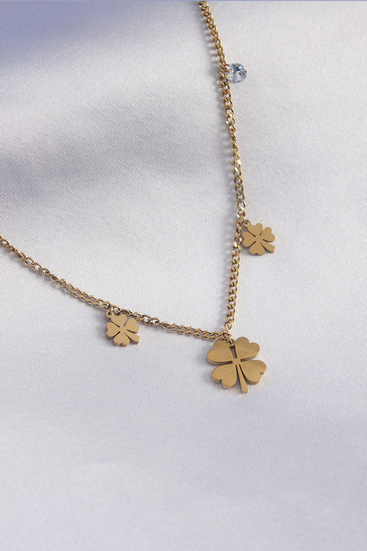 EBJ 316L Steel Gold Color Clover Model Zircon Stone Detail Women's Necklace - Modena