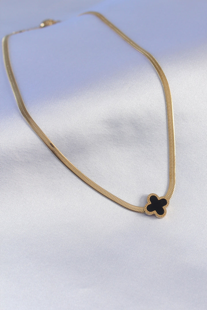 EBJ 316L Steel Gold Color Italian Chain Model Black Flower Figure Women's Necklace - Airdrie