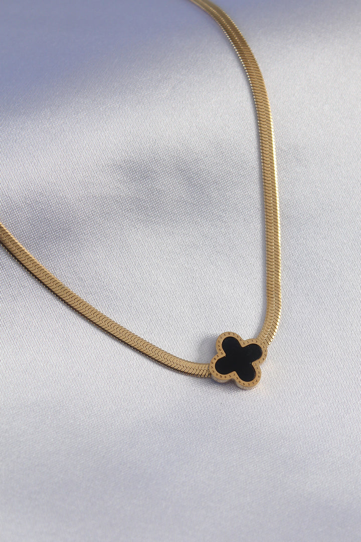 EBJ 316L Steel Gold Color Italian Chain Model Black Flower Figure Women's Necklace - Airdrie