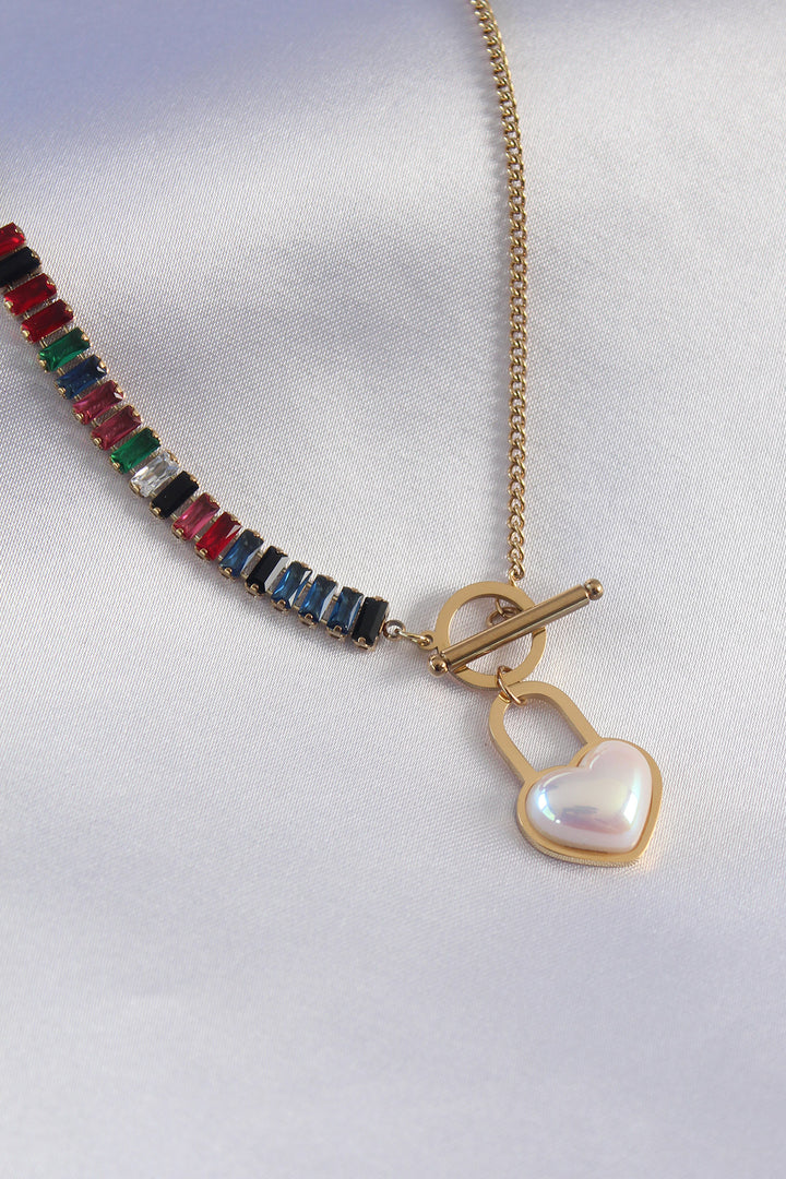 EBJ 316L Steel Gold Color 2-Piece Zircon Stone Lock Heart Figure Women's Necklace - Poti